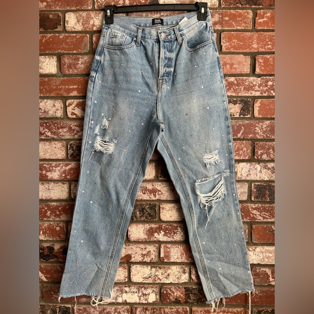 Distressed Light Blue Studded Straight Leg Jeans